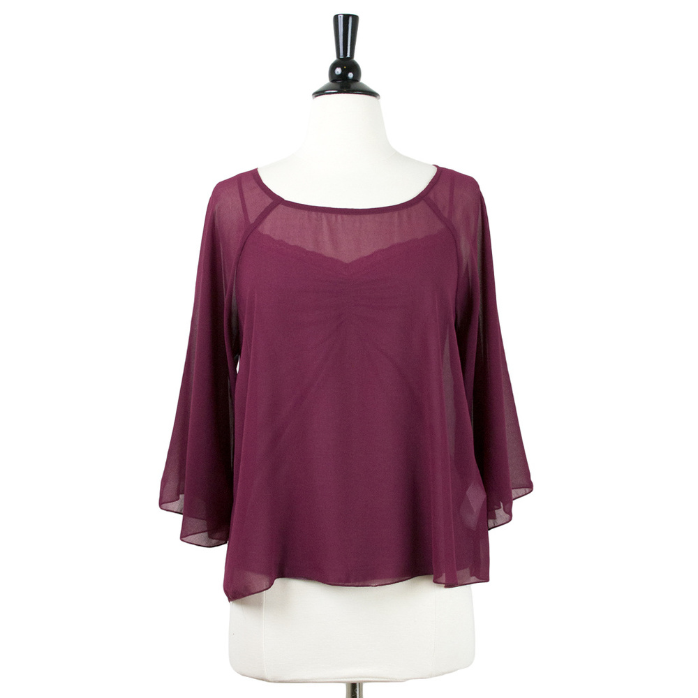 ▪️TRAFFIC PEOPLE Burgundy Semi-Sheet Chiffon Bell Sleeve Top 3/4 Sleeve …